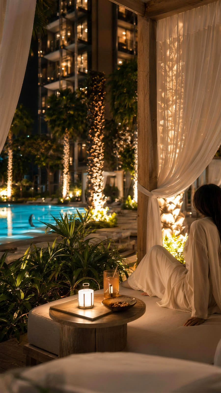 Blick aus einer Residenz über Dubai bei Nacht